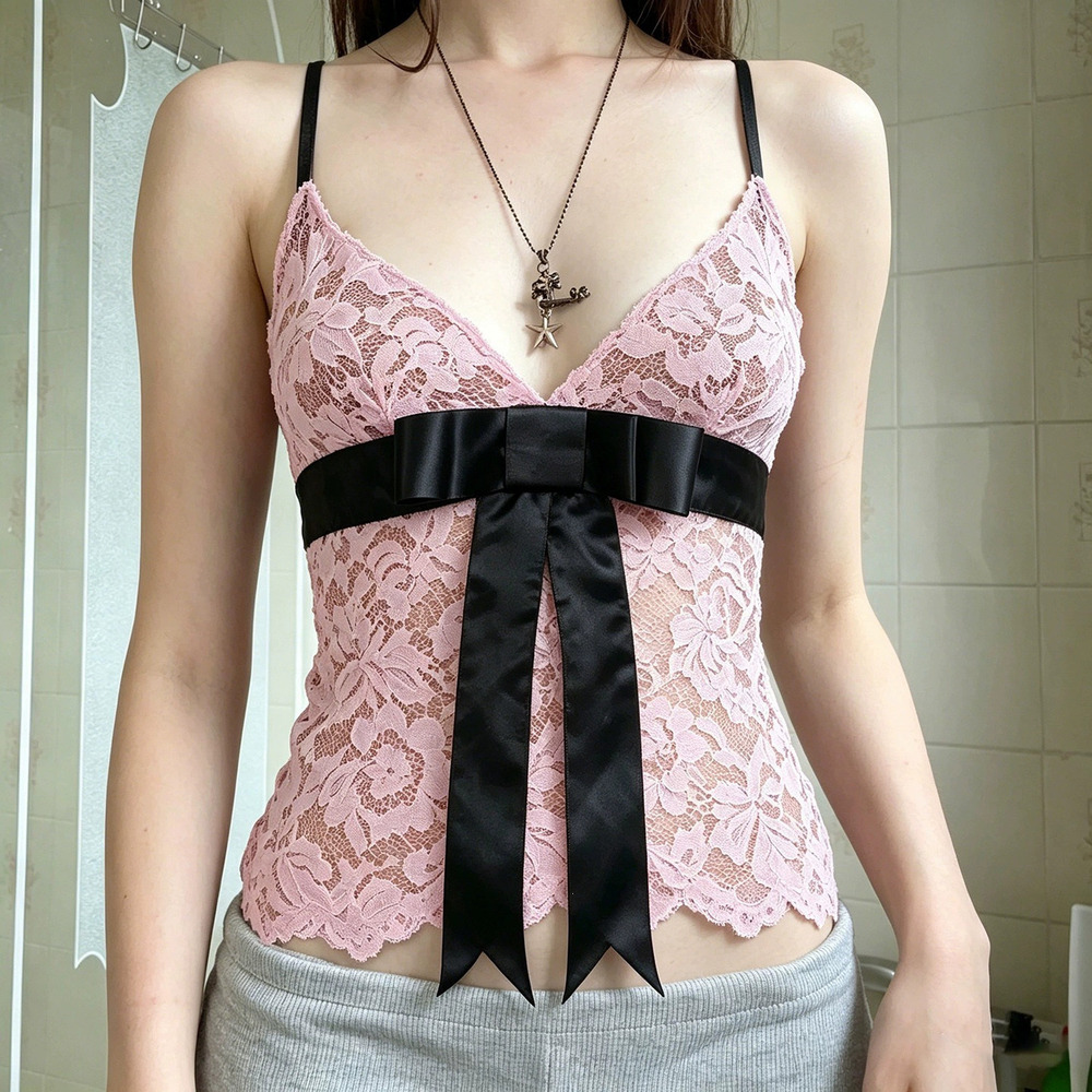 Zara Pure Lace Patchwork Bow Contrast Color Camisole Youthful Slim Spicy Style